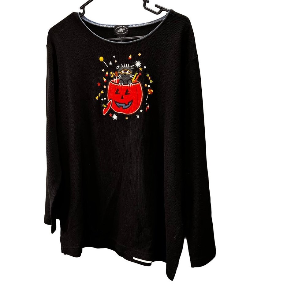 Moving Bleu by Designers Originals Halloween Ribbed Top XL Black Cat Pumpkin